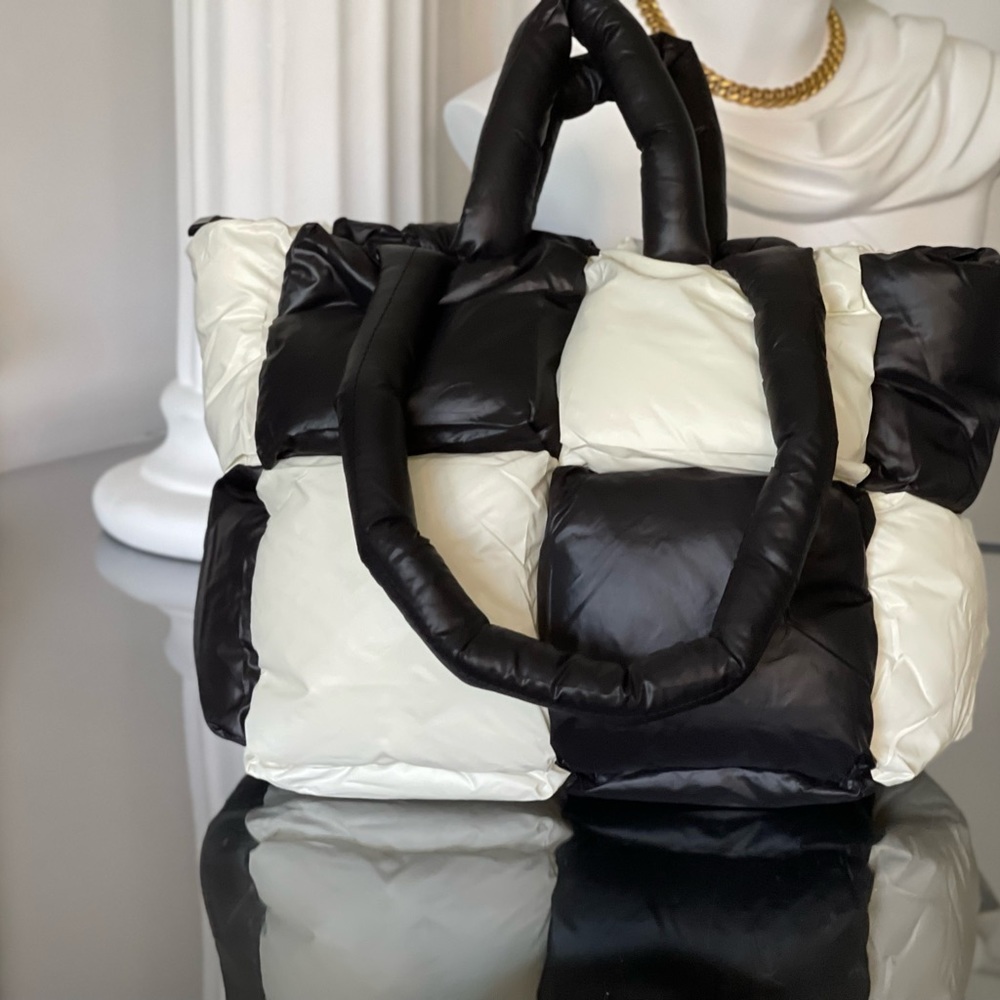 New Black and white color Down Puff Shoulder Bag Handbag Puffy Soft Carry Bag - Picture 2 of 11
